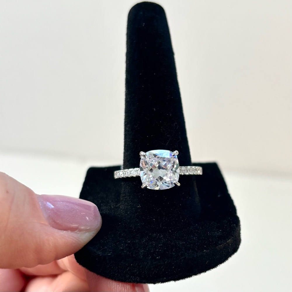 Stunning white CZ solitaire ring with pave band (rhodium-over-sterling silver)
